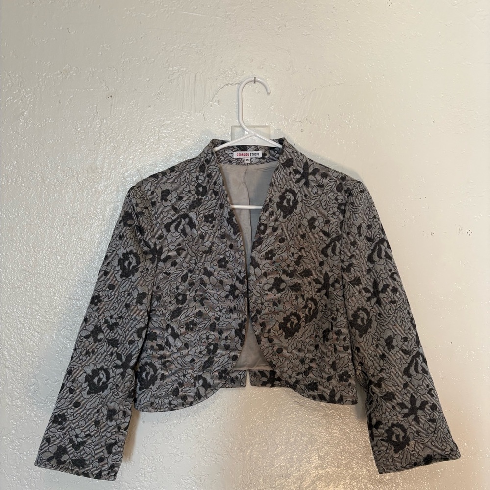 🇪🇸🐂 80s Silver Gray Jacquard Bolero Bullfighter Jacket Cropped Brocade Blazer